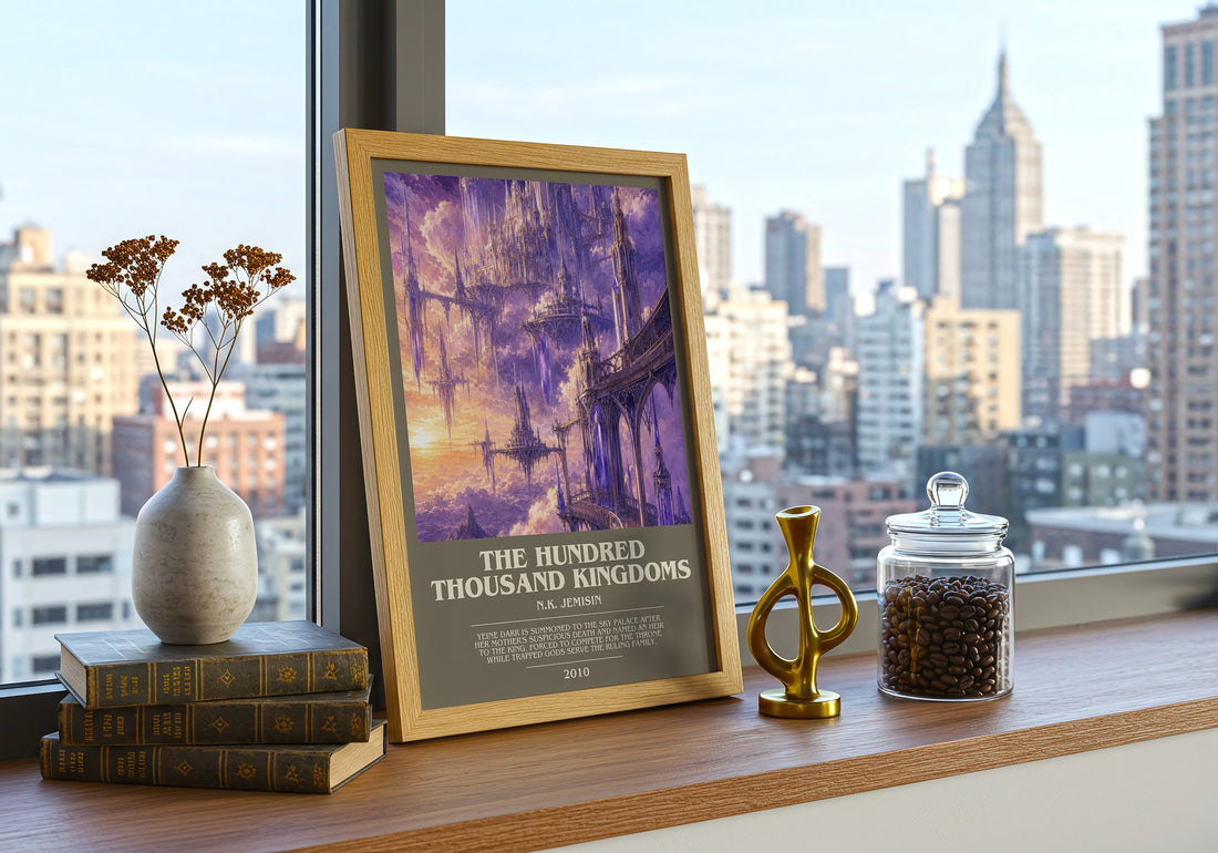 The Hundred Thousand Kingdoms bookish print framed by window – literary home decor