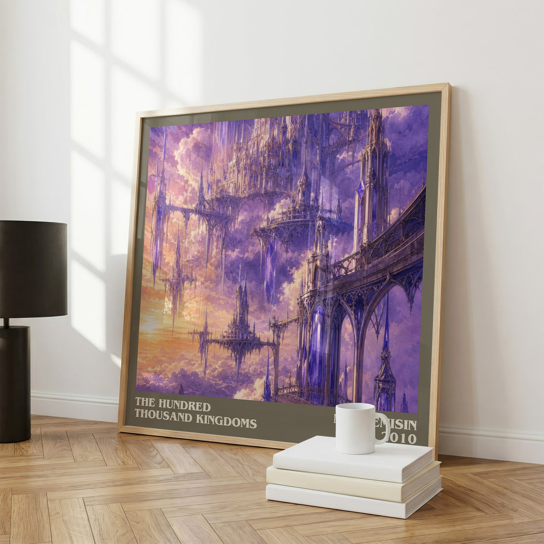 The Hundred Thousand Kingdoms literary print framed by window – literary home decor