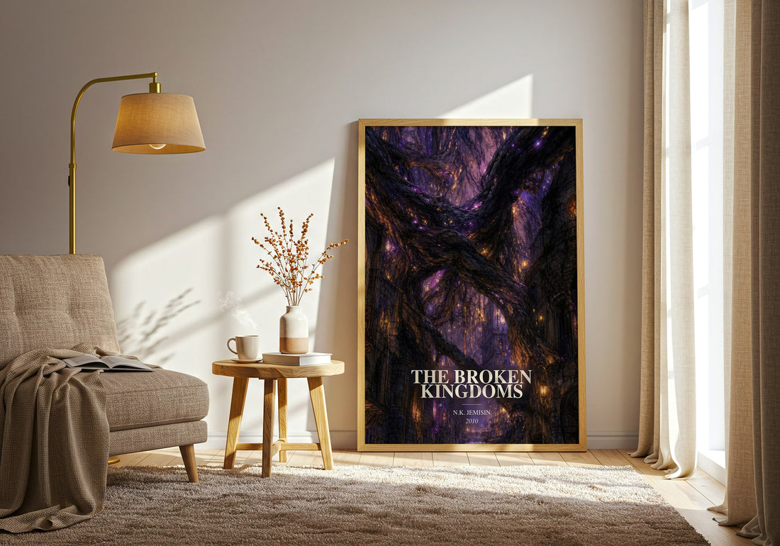 The Broken Kingdoms watercolour print in frame leaning in hallway – fantasy wall art (mockup)