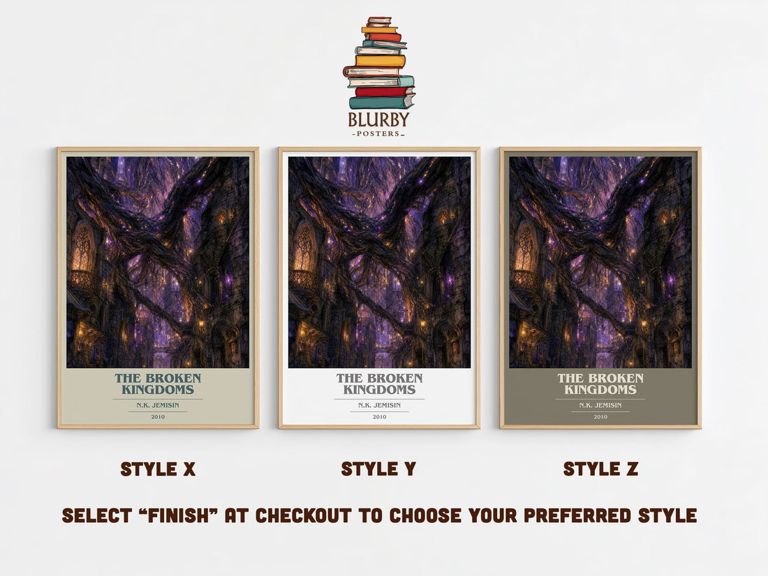 The Broken Kingdoms book cover print in frame leaning in hallway – fantasy wall art (mockup)