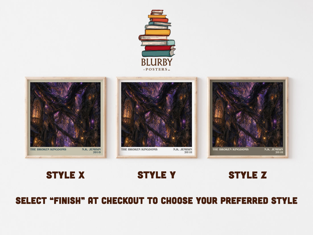The Broken Kingdoms literary print in frame leaning in hallway – fantasy wall art (mockup)