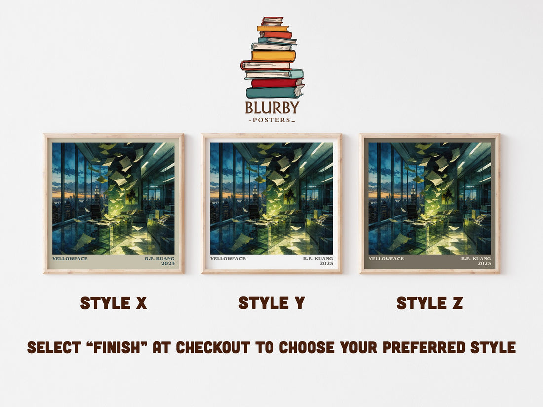 Yellowface literary print in frame leaning in hallway – contemporary fiction wall art (mockup)