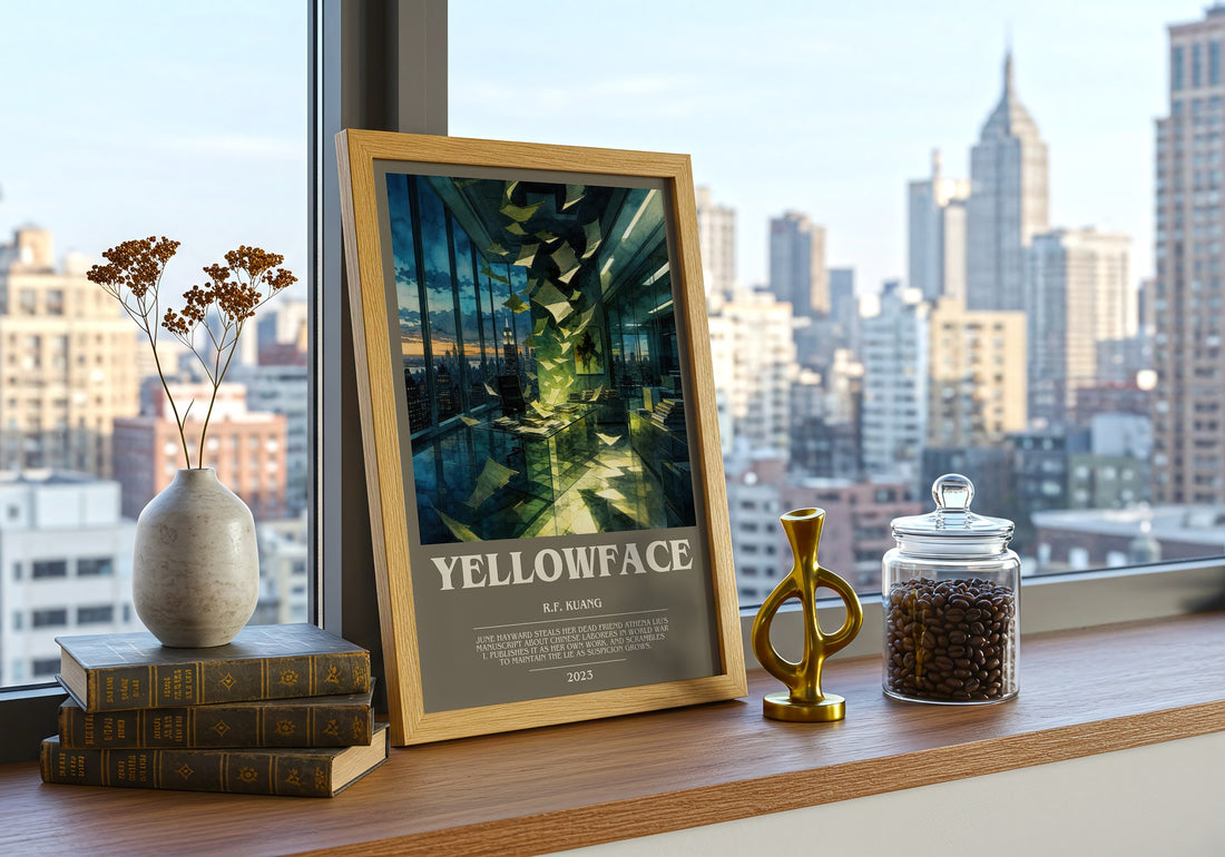 Yellowface bookish print framed by window – literary home decor