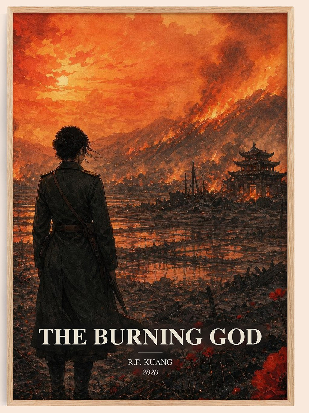 The Burning God watercolour book poster by R.F. Kuang – framed literary art print