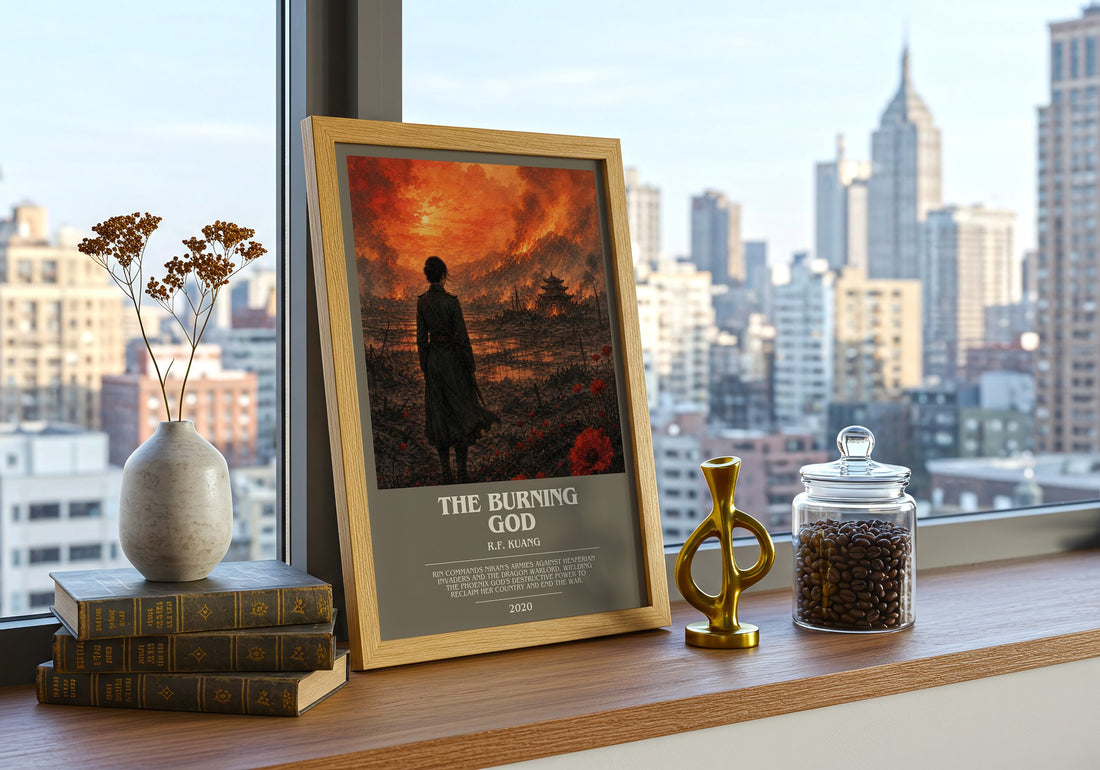 The Burning God bookish print framed by window – literary home decor