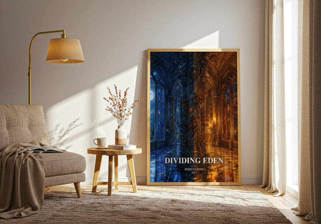 Dividing Eden watercolour print in frame leaning in hallway – fantasy wall art (mockup)