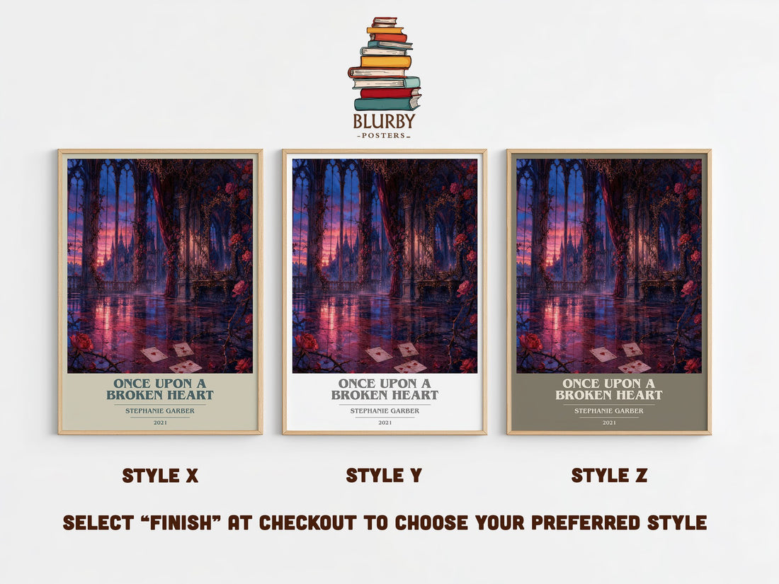 Once Upon a Broken Heart book cover print in frame leaning in hallway – fantasy wall art (mockup)