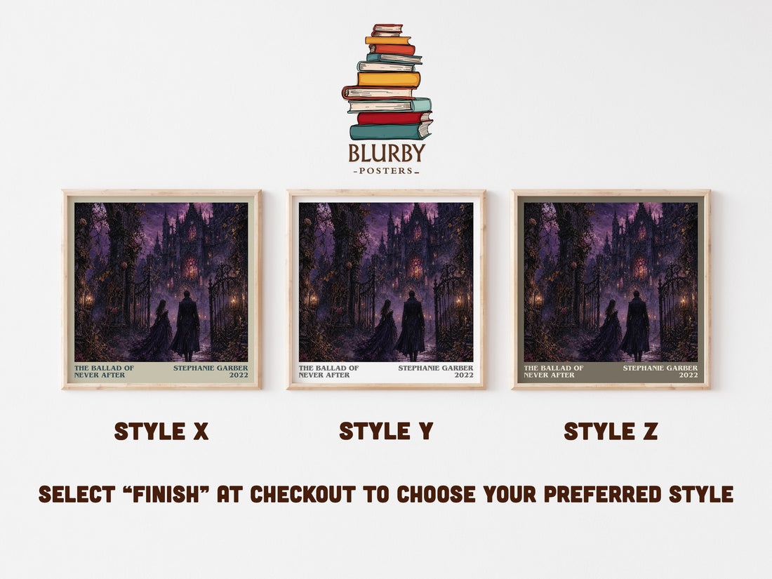 The Ballad of Never After literary print in frame leaning in hallway – fantasy wall art (mockup)