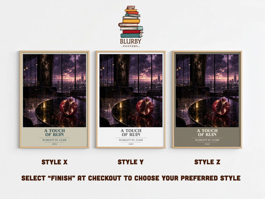 A Touch of Ruin book cover print in frame leaning in hallway – fantasy wall art (mockup)