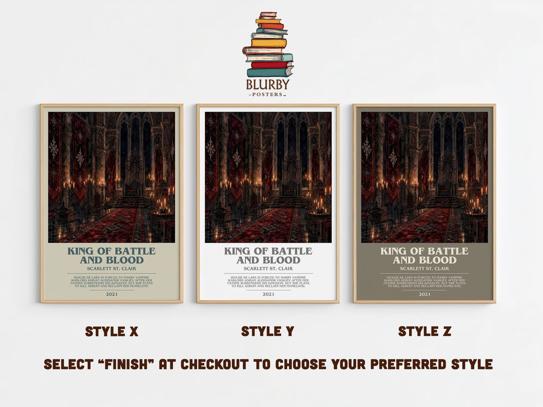 King of Battle and Blood bookish print in frame leaning in hallway – romance wall art (mockup)
