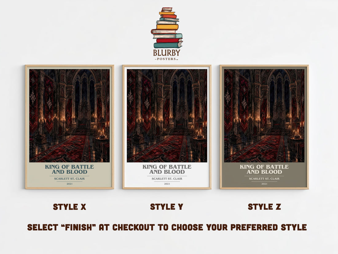 King of Battle and Blood book cover print in frame leaning in hallway – romance wall art (mockup)