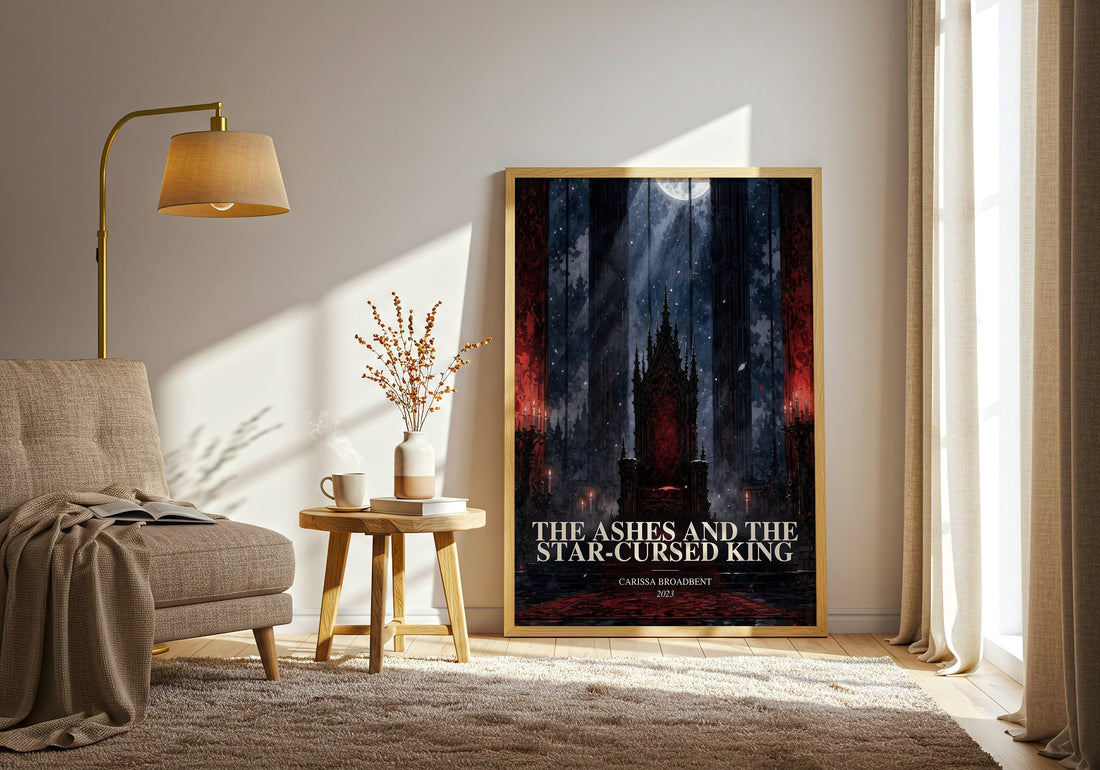 The Ashes and the Star-Cursed King watercolour print in frame leaning in hallway – fantasy wall art (mockup)
