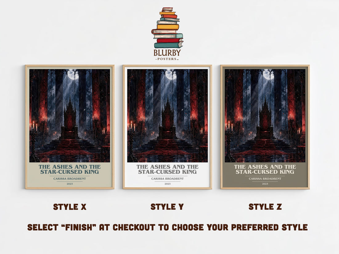 The Ashes and the Star-Cursed King book cover print in frame leaning in hallway – fantasy wall art (mockup)