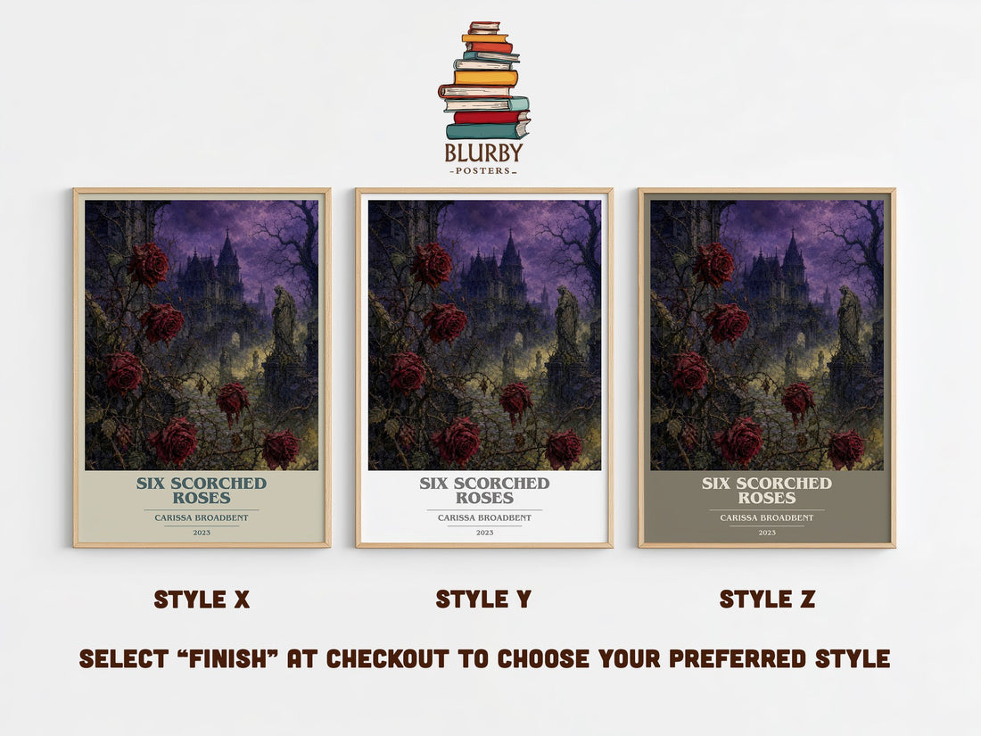 Six Scorched Roses book cover print in frame leaning in hallway – fantasy wall art (mockup)