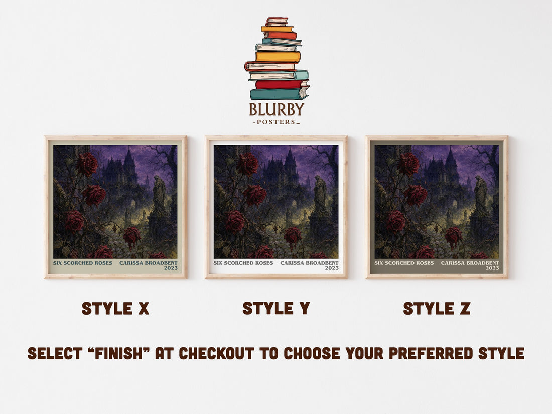 Six Scorched Roses literary print in frame leaning in hallway – fantasy wall art (mockup)