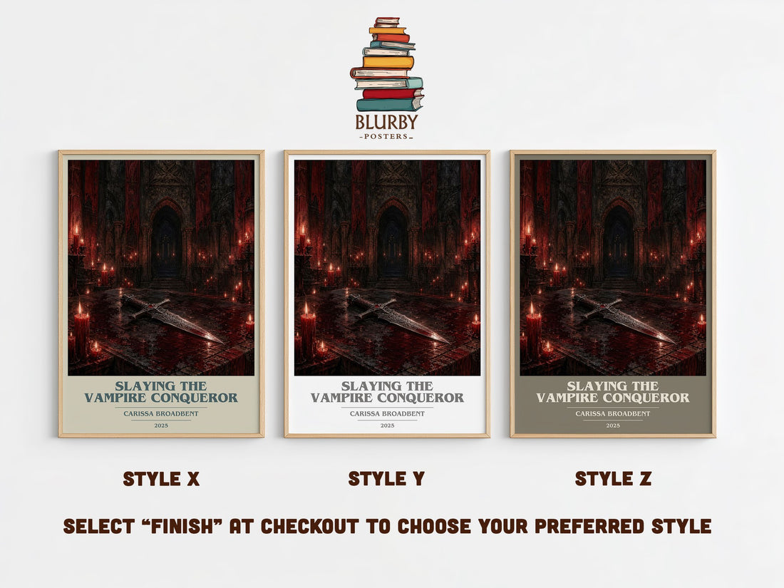 Slaying the Vampire Conqueror book cover print in frame leaning in hallway – fantasy wall art (mockup)