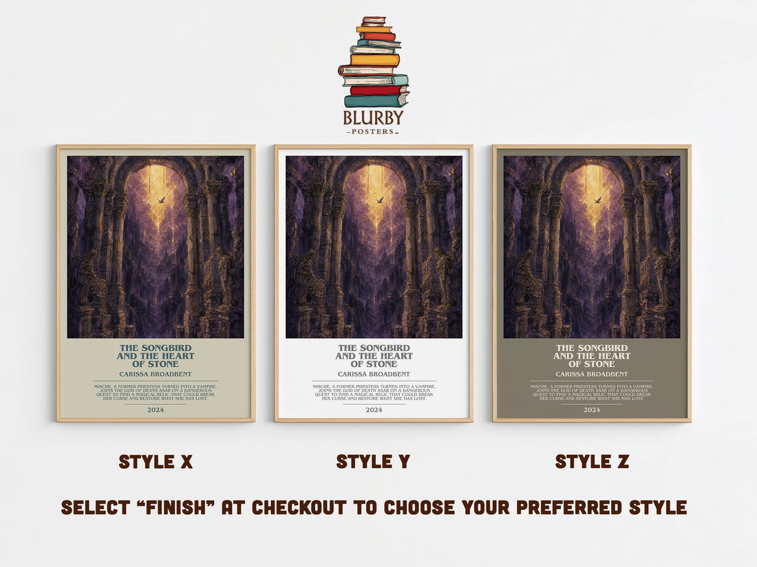 The Songbird and the Heart of Stone bookish print in frame leaning in hallway – fantasy wall art (mockup)
