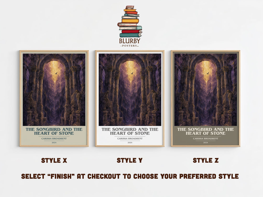 The Songbird and the Heart of Stone book cover print in frame leaning in hallway – fantasy wall art (mockup)
