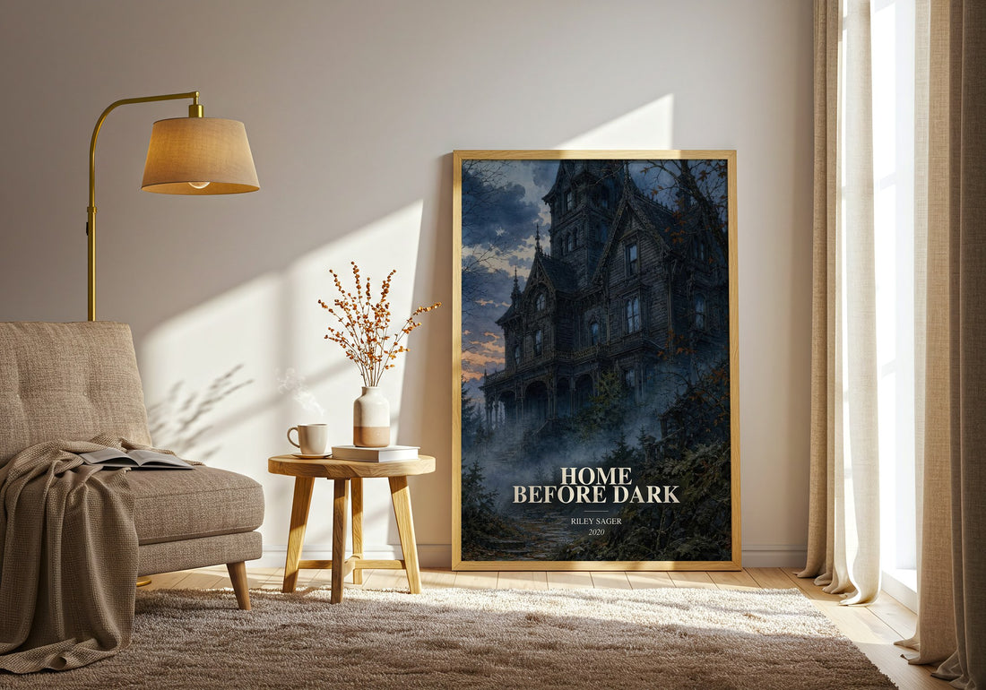 Home Before Dark watercolour print in frame leaning in hallway – thriller wall art (mockup)