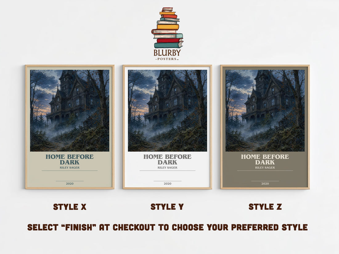 Home Before Dark bookish print in frame leaning in hallway – thriller wall art (mockup)