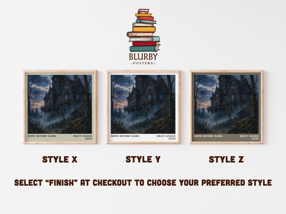 Home Before Dark literary print in frame leaning in hallway – thriller wall art (mockup)