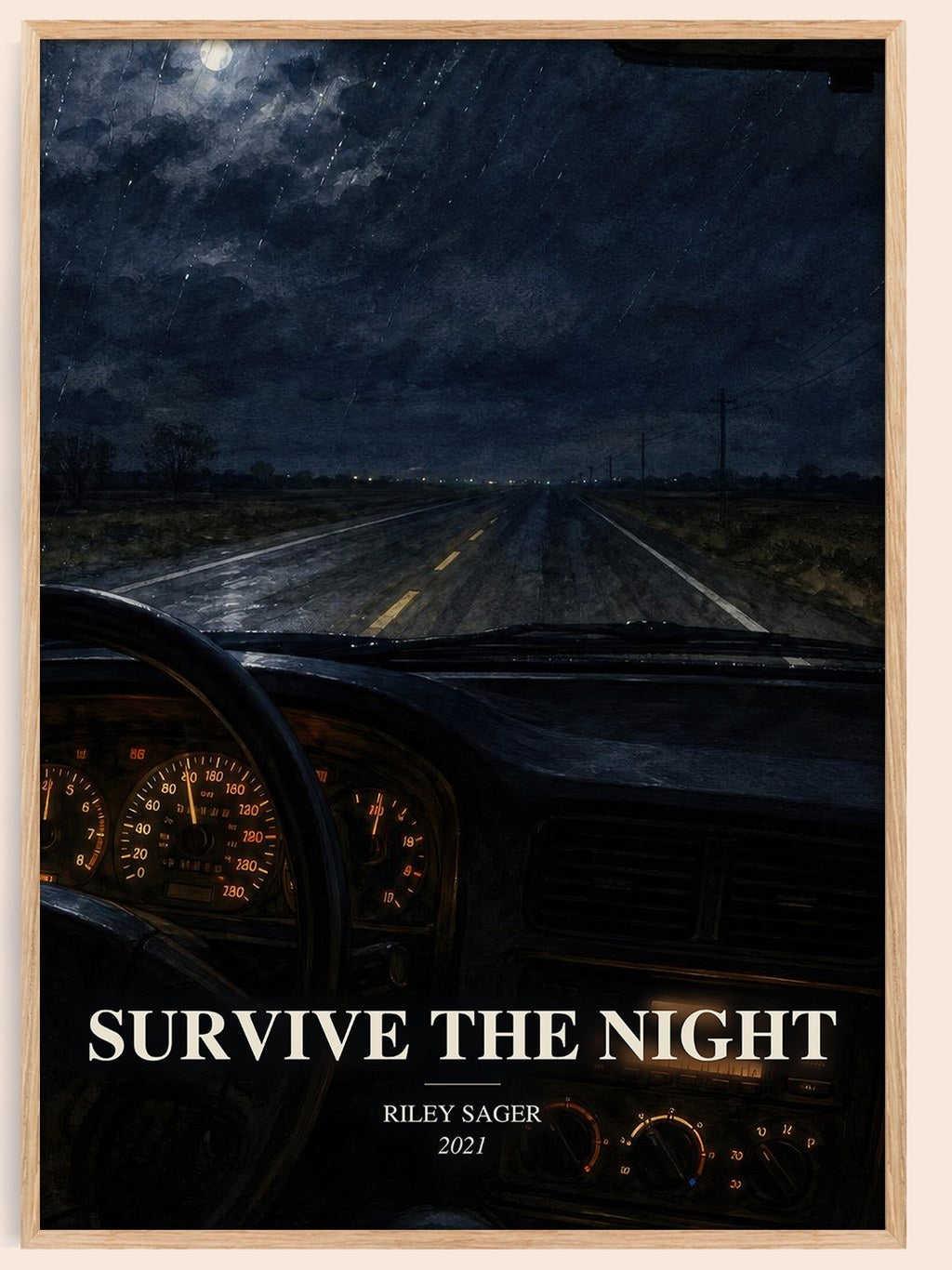 Survive the Night watercolour book poster by Riley Sager – framed literary art print