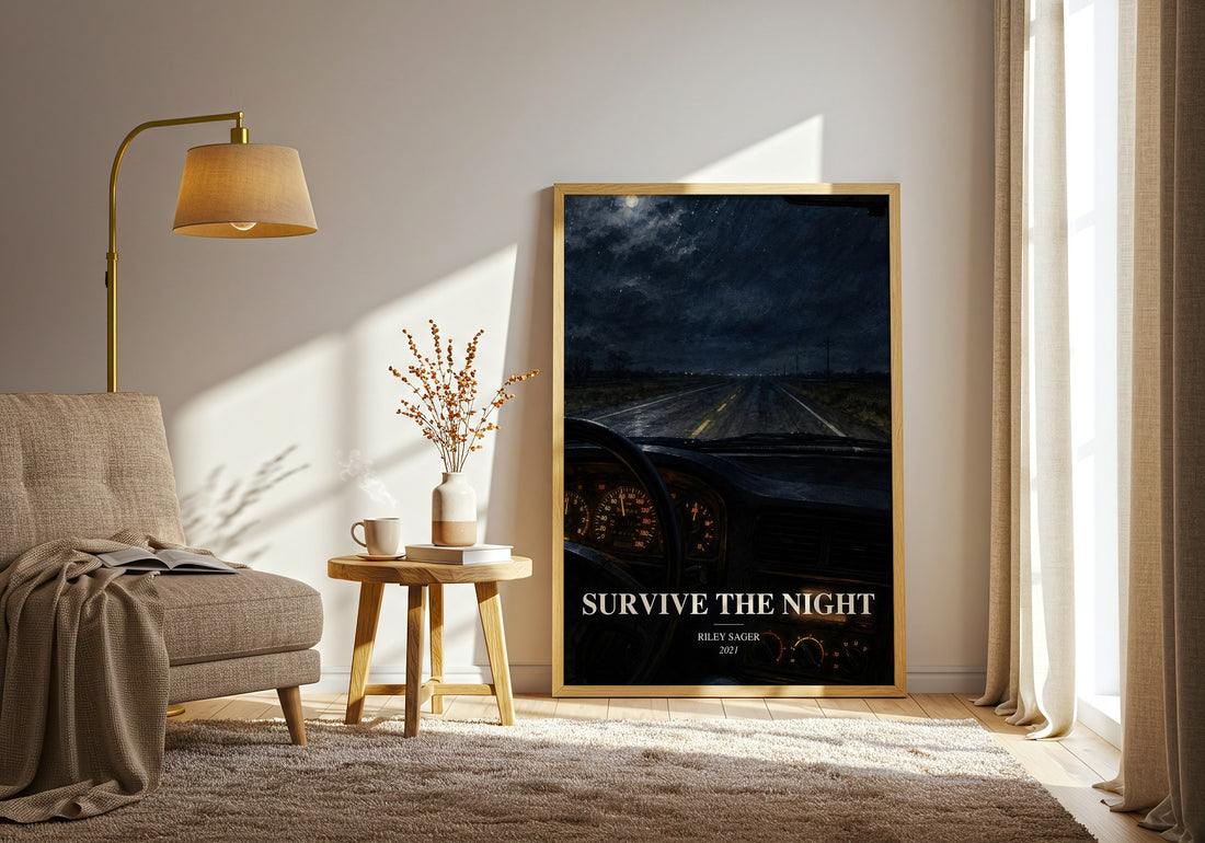 Survive the Night watercolour print in frame leaning in hallway – thriller wall art (mockup)