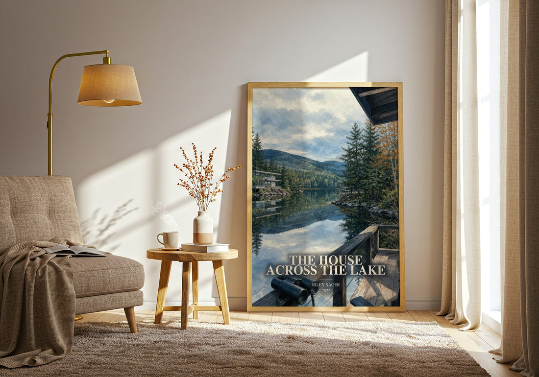 The House Across the Lake watercolour print in frame leaning in hallway – thriller wall art (mockup)