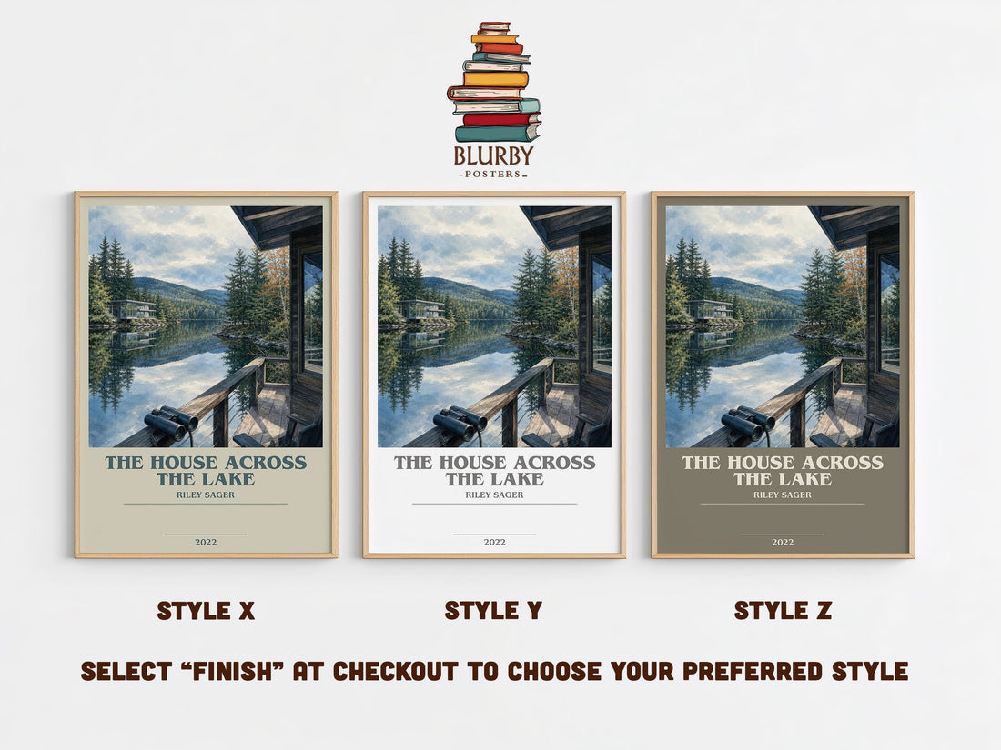 The House Across the Lake bookish print in frame leaning in hallway – thriller wall art (mockup)