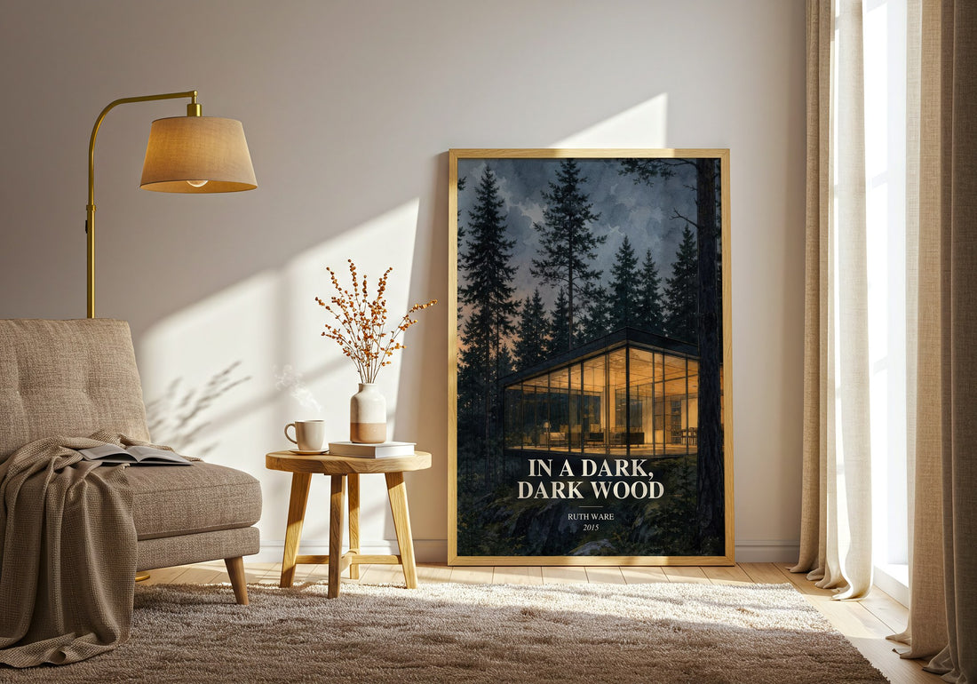 In a Dark, Dark Wood watercolour print in frame leaning in hallway – thriller wall art (mockup)