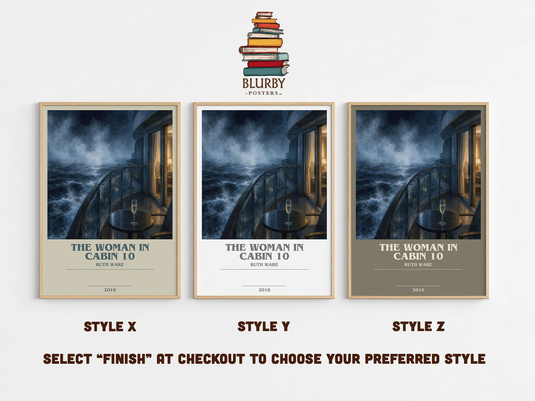 The Woman in Cabin 10 bookish print in frame leaning in hallway – thriller wall art (mockup)