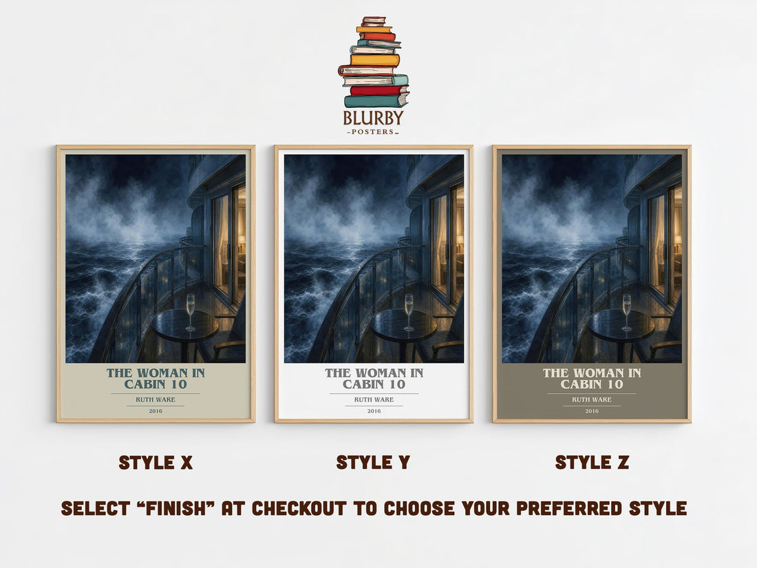 The Woman in Cabin 10 book cover print in frame leaning in hallway – thriller wall art (mockup)