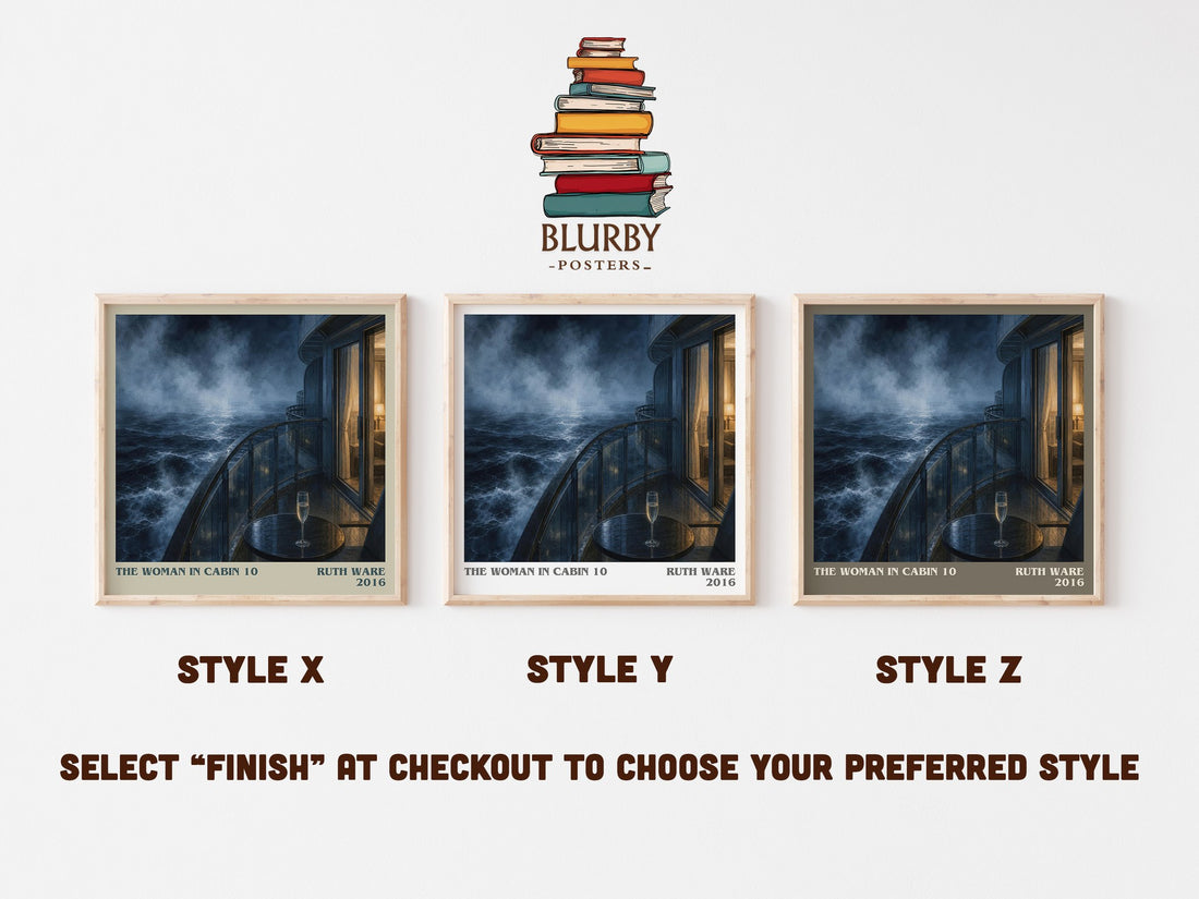 The Woman in Cabin 10 literary print in frame leaning in hallway – thriller wall art (mockup)
