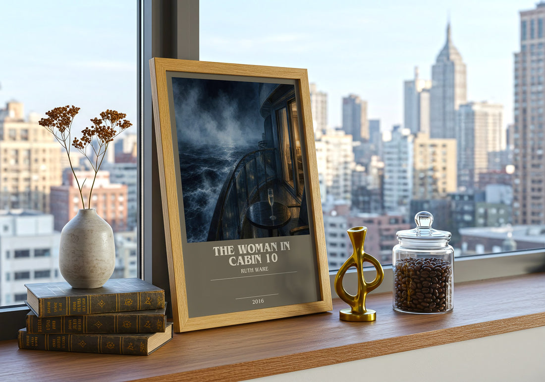 The Woman in Cabin 10 bookish print framed by window – literary home decor