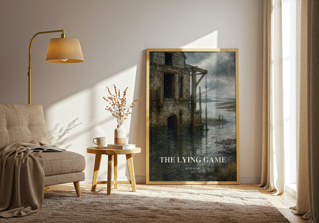 The Lying Game watercolour print in frame leaning in hallway – thriller wall art (mockup)
