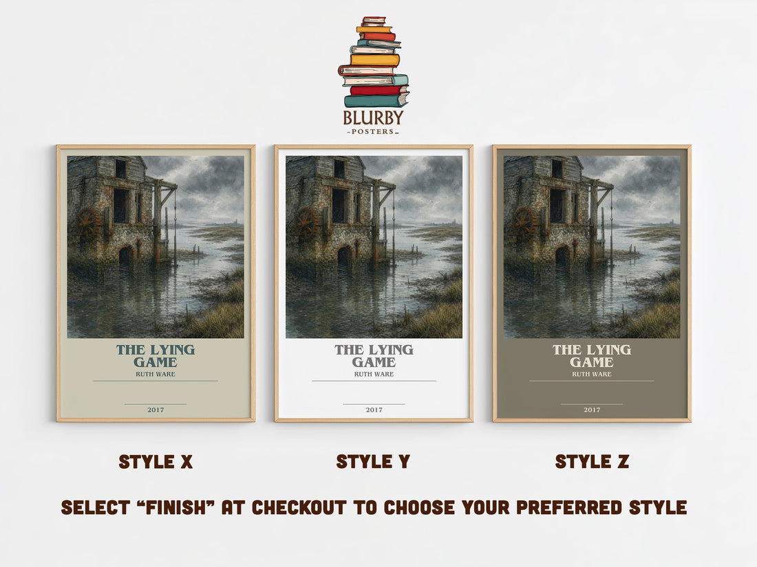 The Lying Game bookish print in frame leaning in hallway – thriller wall art (mockup)