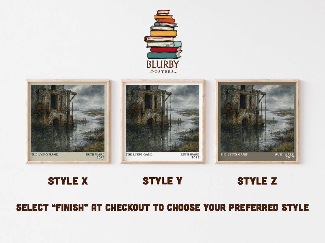 The Lying Game literary print in frame leaning in hallway – thriller wall art (mockup)