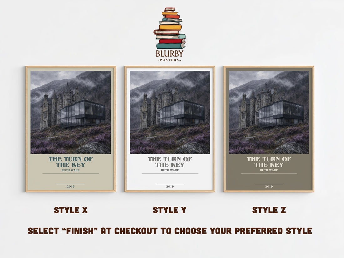 The Turn of the Key bookish print in frame leaning in hallway – thriller wall art (mockup)