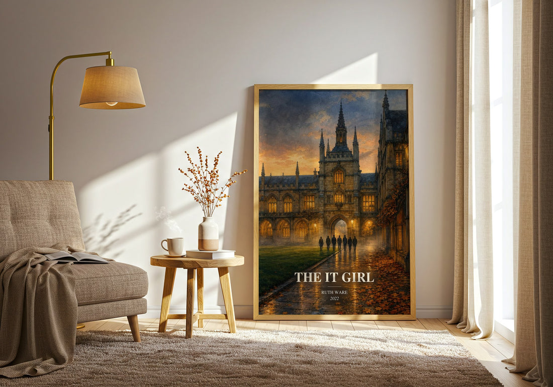 The It Girl watercolour print in frame leaning in hallway – thriller wall art (mockup)