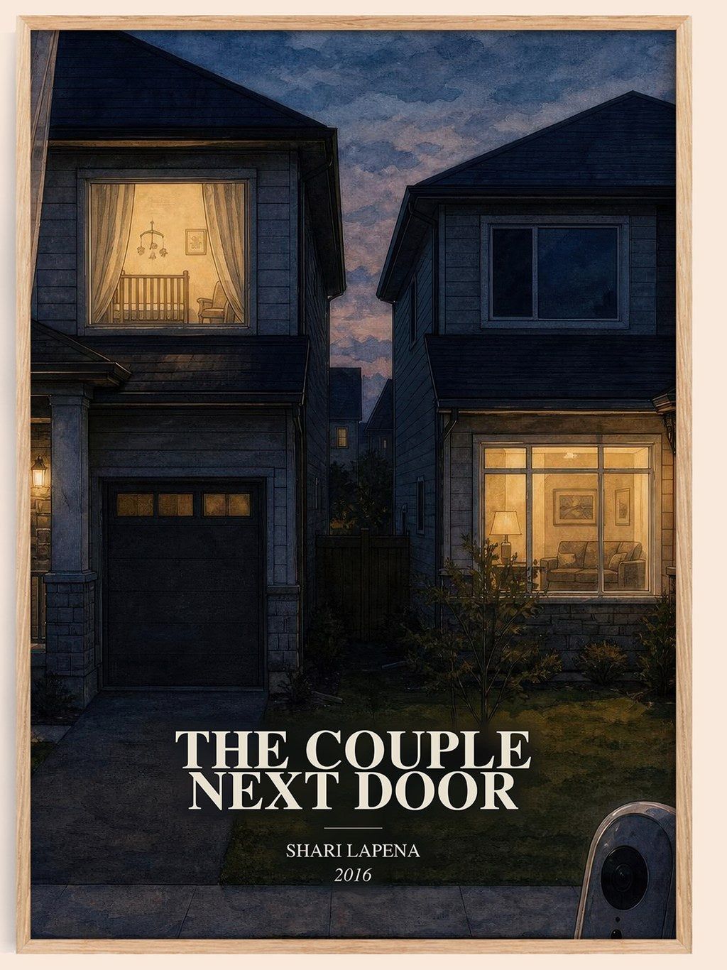 The Couple Next Door watercolour book poster by Shari Lapena – framed literary art print