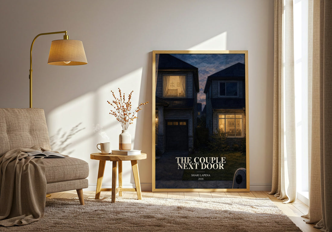 The Couple Next Door watercolour print in frame leaning in hallway – thriller wall art (mockup)