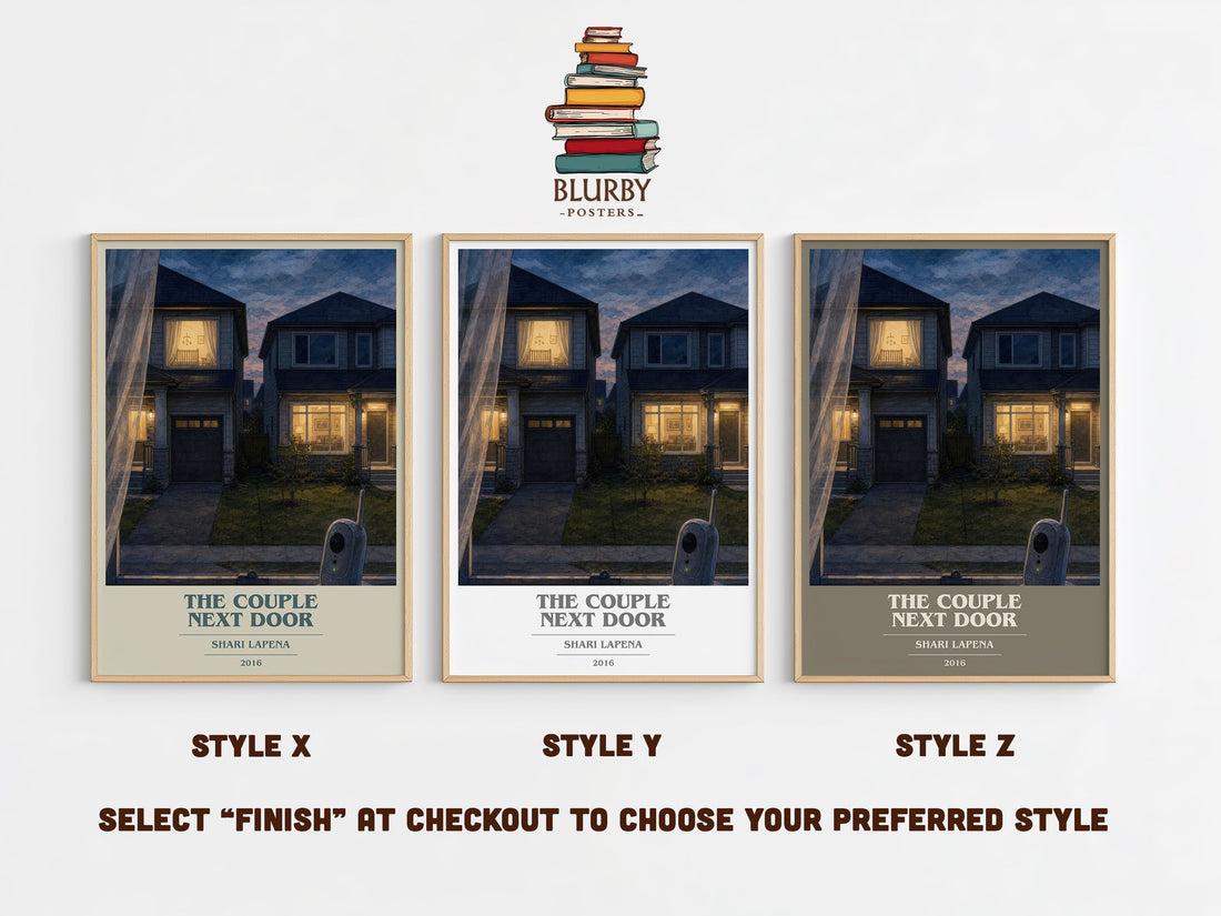 The Couple Next Door book cover print in frame leaning in hallway – thriller wall art (mockup)