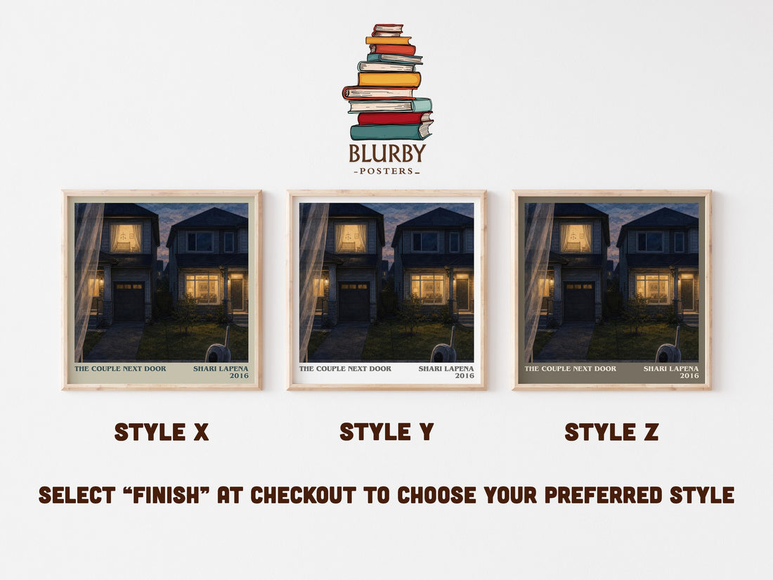 The Couple Next Door literary print in frame leaning in hallway – thriller wall art (mockup)