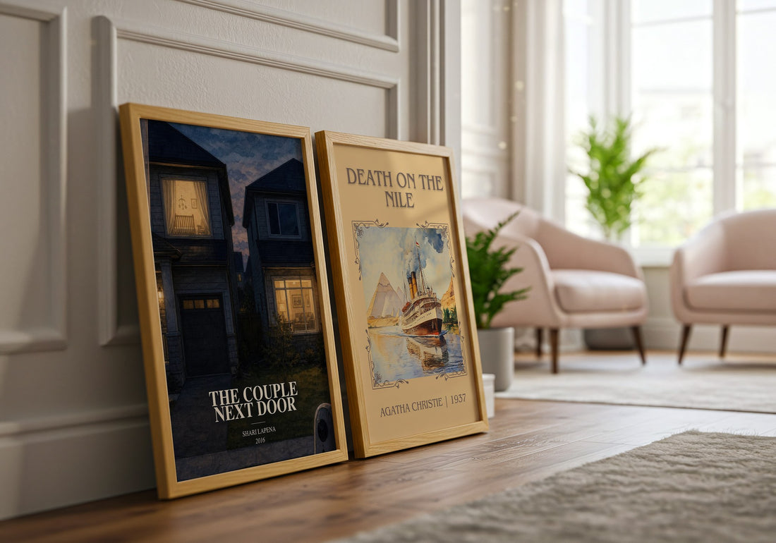 The Couple Next Door watercolour print framed by window – literary home decor