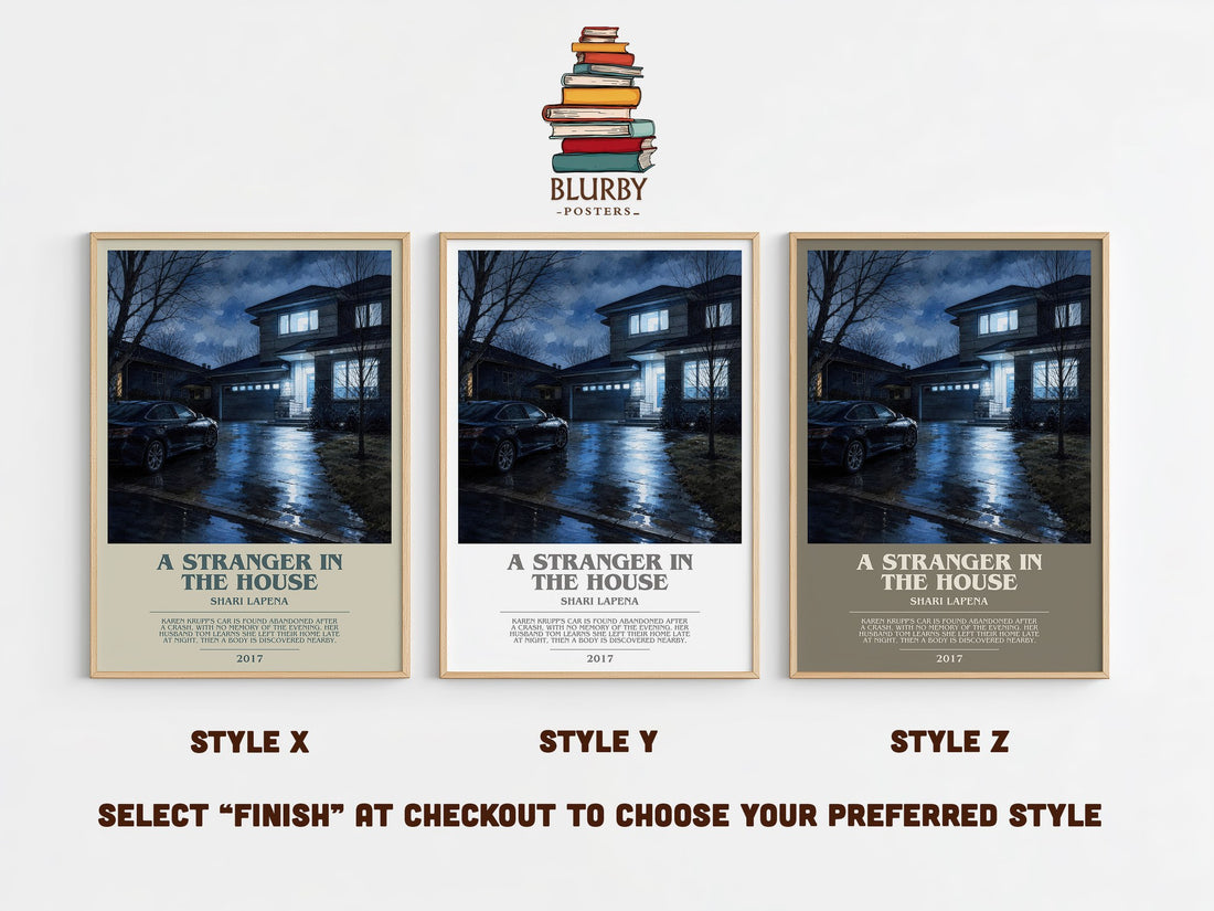 A Stranger in the House bookish print in frame leaning in hallway – thriller wall art (mockup)