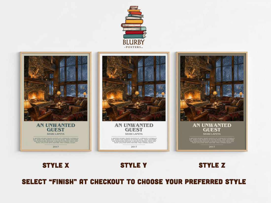 An Unwanted Guest bookish print in frame leaning in hallway – thriller wall art (mockup)