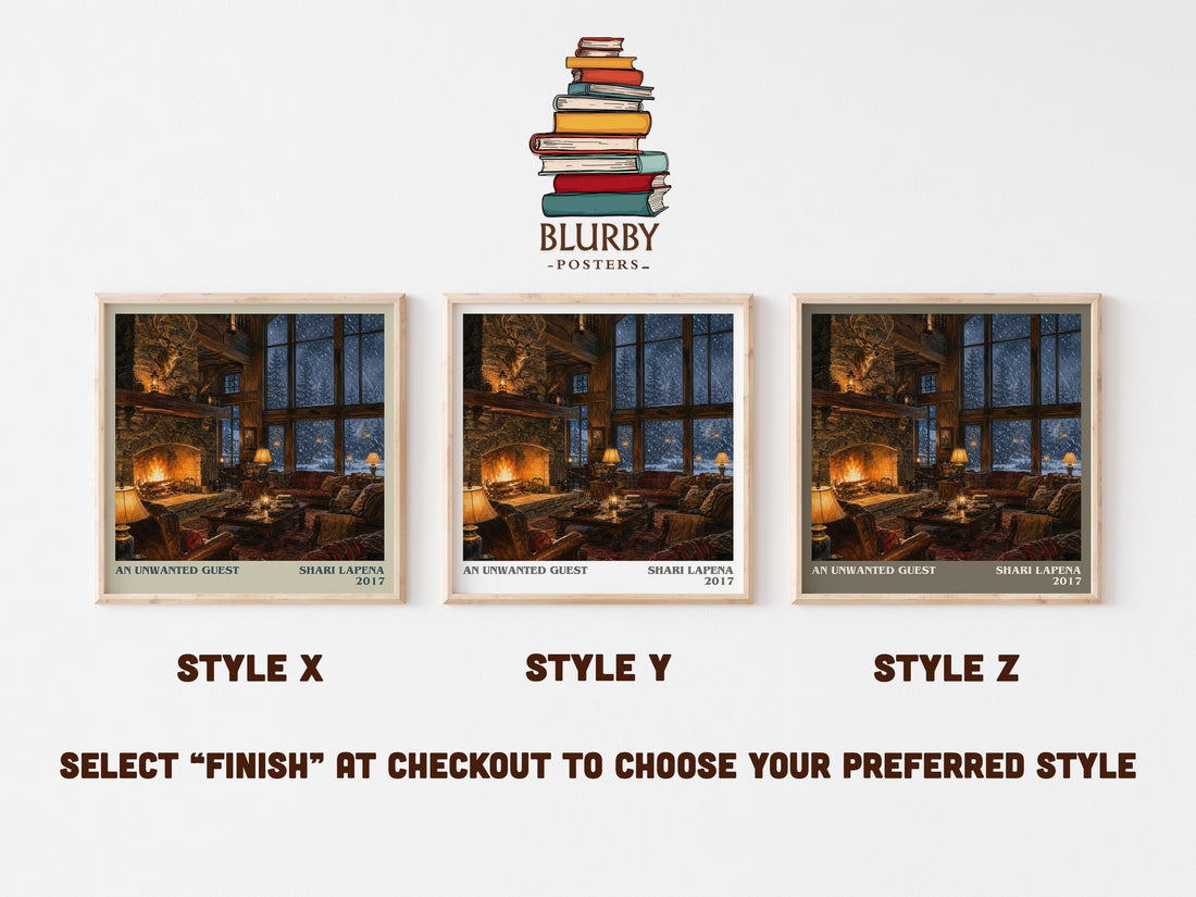 An Unwanted Guest literary print in frame leaning in hallway – thriller wall art (mockup)