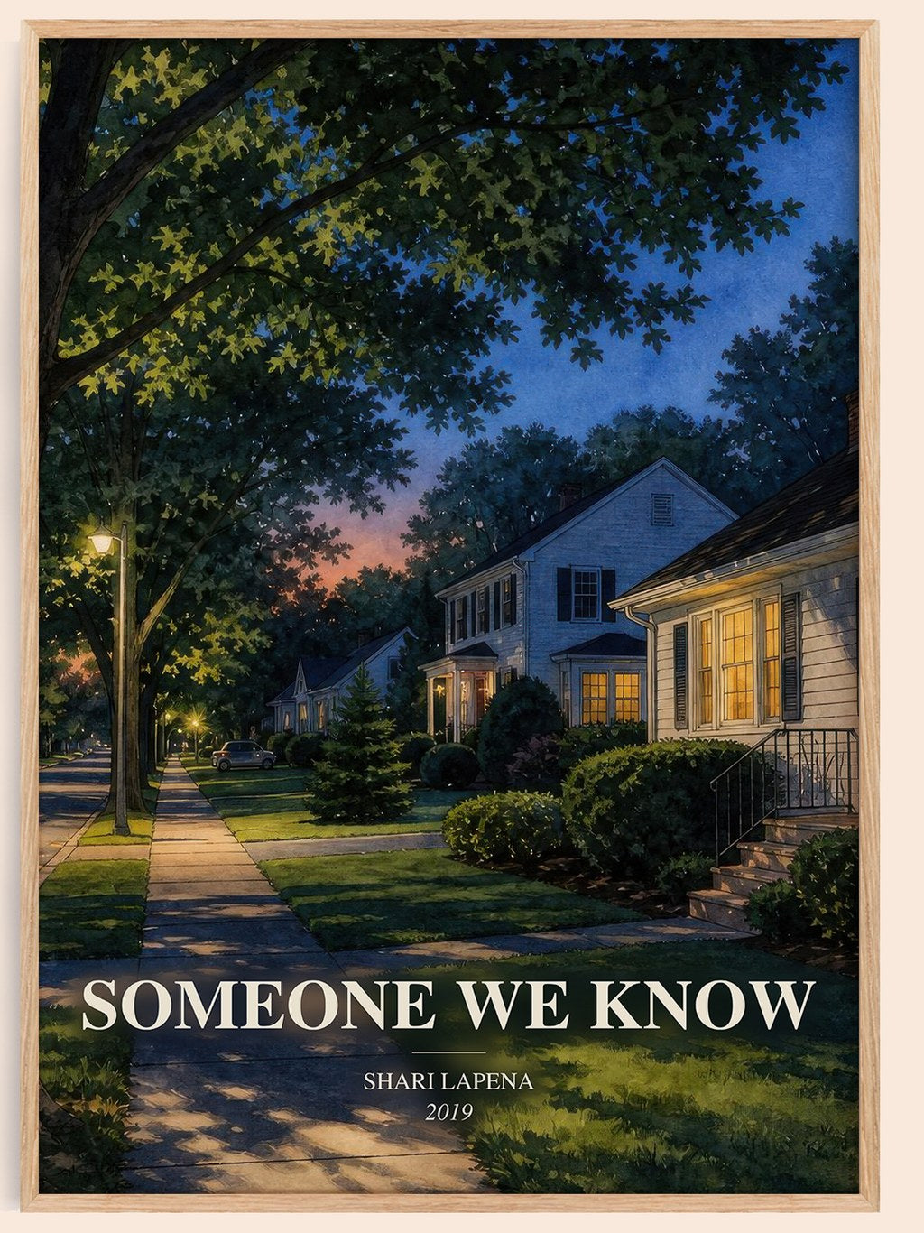 Someone We Know watercolour book poster by Shari Lapena – framed literary art print