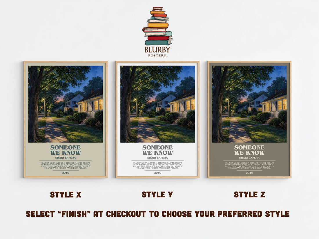 Someone We Know bookish print in frame leaning in hallway – thriller wall art (mockup)