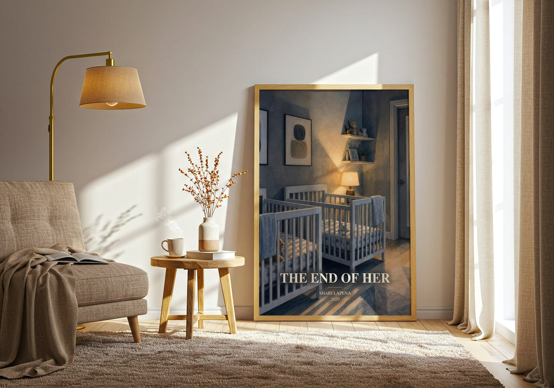 The End of Her watercolour print in frame leaning in hallway – thriller wall art (mockup)